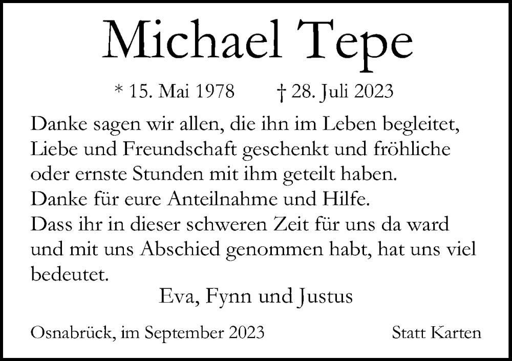  Traueranzeige für Michael Tepe vom 30.09.2023 aus Neue Osnabrücker Zeitung GmbH & Co. KG