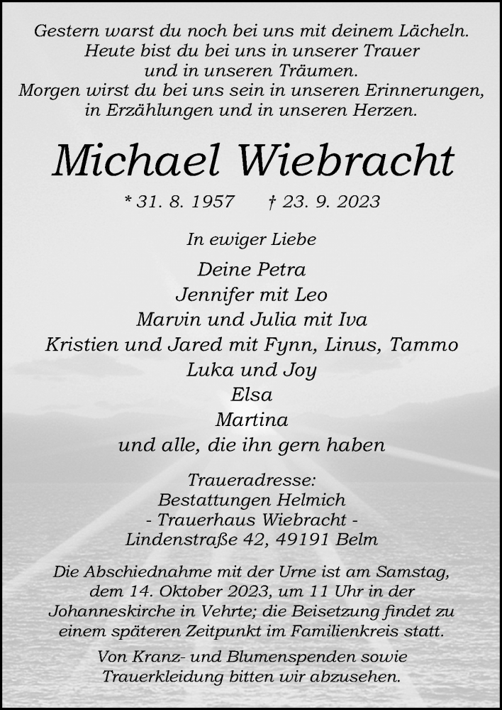  Traueranzeige für Michael Wiebracht vom 30.09.2023 aus Neue Osnabrücker Zeitung GmbH & Co. KG