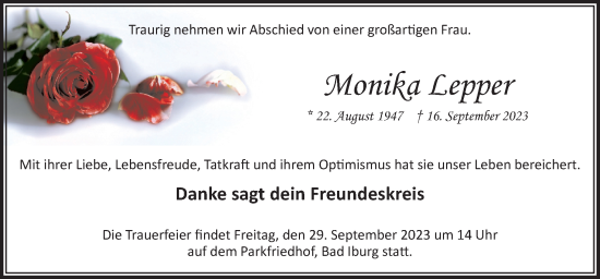 Traueranzeige von Monika Lepper von Neue Osnabrücker Zeitung GmbH & Co. KG