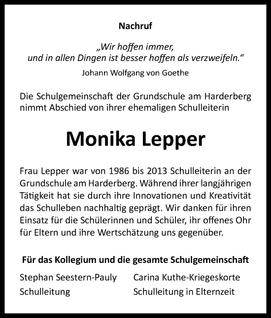 Traueranzeige von Monika Lepper von Neue Osnabrücker Zeitung GmbH & Co. KG