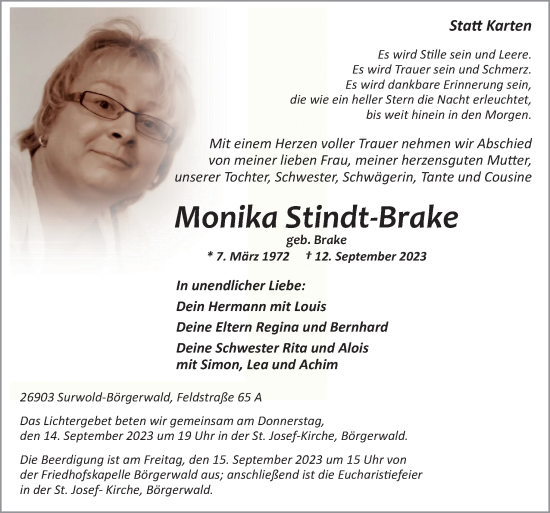 Traueranzeige von Monika Stindt-Brake von Neue Osnabrücker Zeitung GmbH & Co. KG