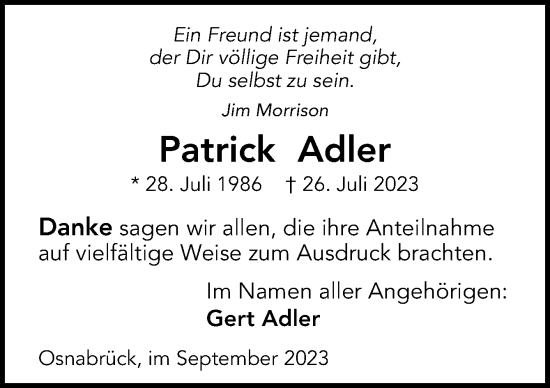Traueranzeige von Patrick Adler von Neue Osnabrücker Zeitung GmbH & Co. KG