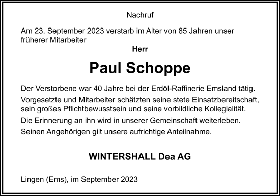 Traueranzeige von Paul Schoppe von Neue Osnabrücker Zeitung GmbH & Co. KG