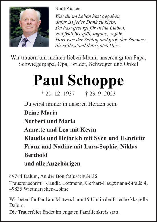 Traueranzeige von Paul Schoppe von Neue Osnabrücker Zeitung GmbH & Co. KG