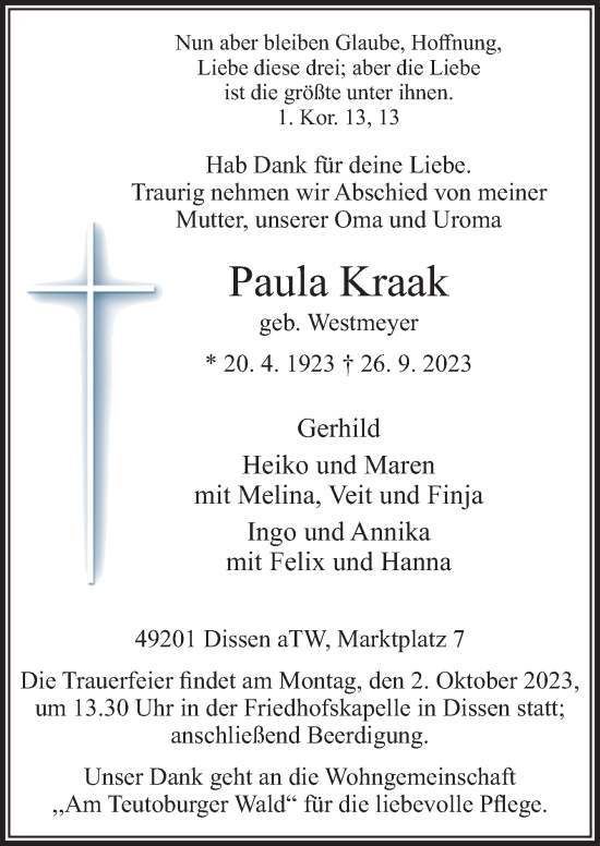 Traueranzeige von Paula Kraak von Neue Osnabrücker Zeitung GmbH & Co. KG