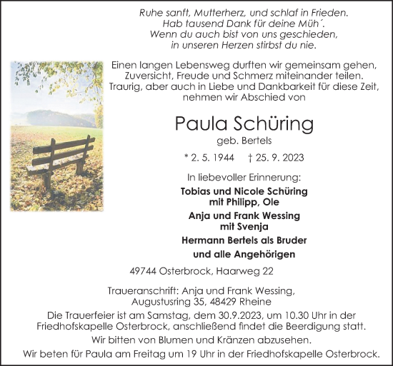 Traueranzeige von Paula Schüring von Neue Osnabrücker Zeitung GmbH &amp; Co. KG