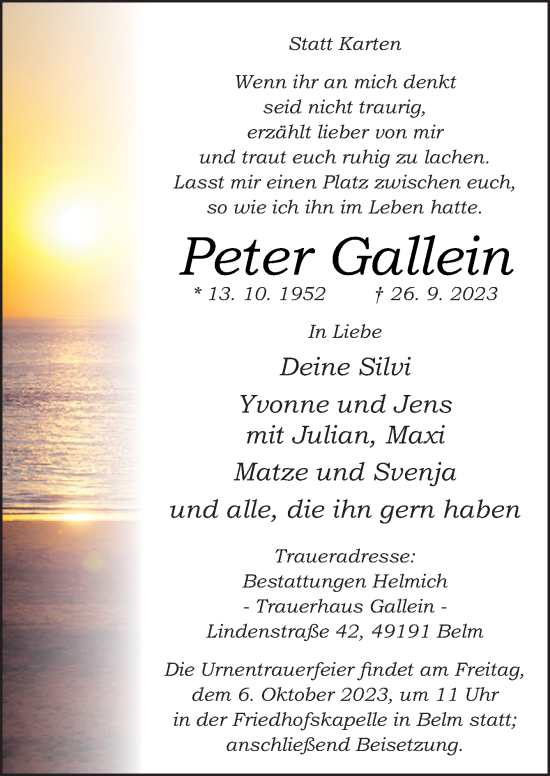 Traueranzeige von Peter Gallein von Neue Osnabrücker Zeitung GmbH & Co. KG