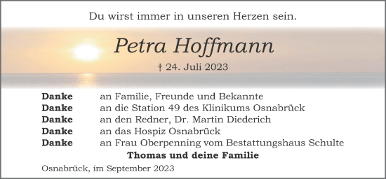 Traueranzeige von Petra Hoffmann von Neue Osnabrücker Zeitung GmbH & Co. KG
