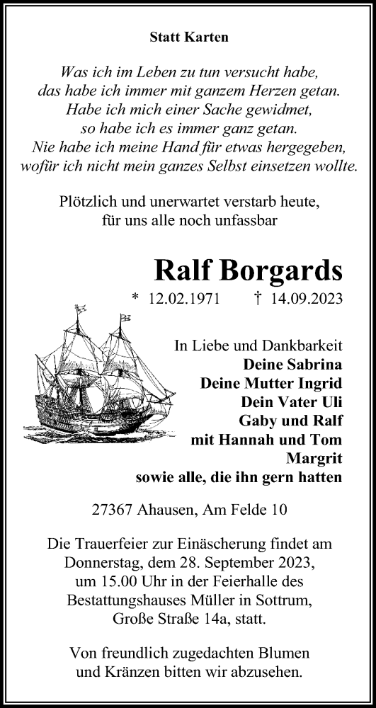 Traueranzeige von Ralf Borgards von Neue Osnabrücker Zeitung GmbH & Co. KG