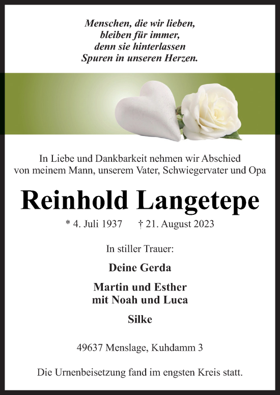 Traueranzeige von Reinhold Langetepe von Neue Osnabrücker Zeitung GmbH & Co. KG