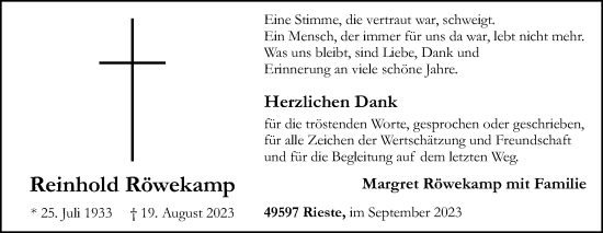 Traueranzeige von Reinhold Röwekamp von Neue Osnabrücker Zeitung GmbH & Co. KG