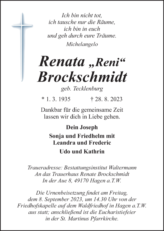 Traueranzeige von Renata Brockschmidt von Neue Osnabrücker Zeitung GmbH & Co. KG