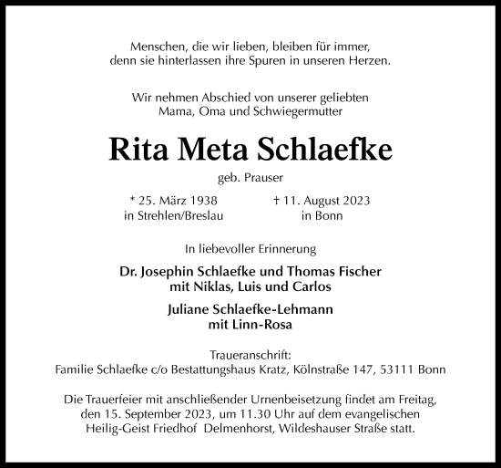 Traueranzeige von Rita Meta Schlaefke von DK Medien GmbH & Co. KG