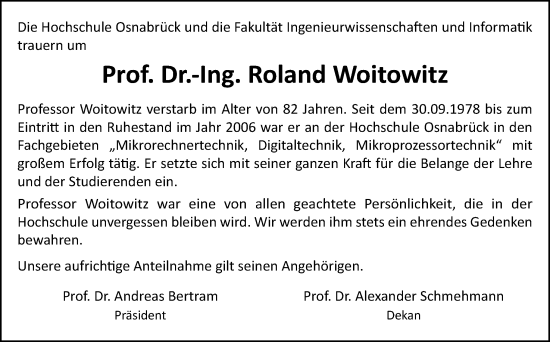 Traueranzeige von Roland Woitowitz von Neue Osnabrücker Zeitung GmbH & Co. KG