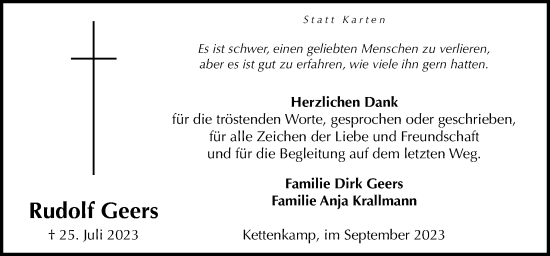 Traueranzeige von Rudolf Geers von Neue Osnabrücker Zeitung GmbH & Co. KG
