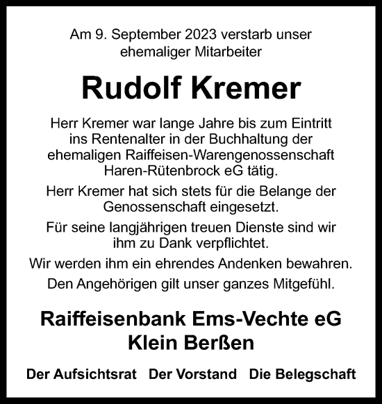 Traueranzeige von Rudolf Kremer von Neue Osnabrücker Zeitung GmbH & Co. KG