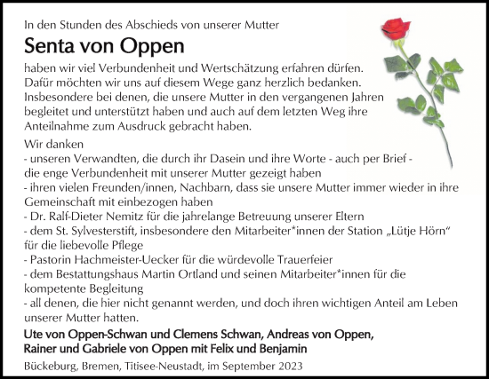 Traueranzeige von Senta von Oppen von Neue Osnabrücker Zeitung GmbH & Co. KG