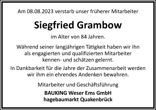 Traueranzeige von Siegfried Grambow von Neue Osnabrücker Zeitung GmbH & Co. KG