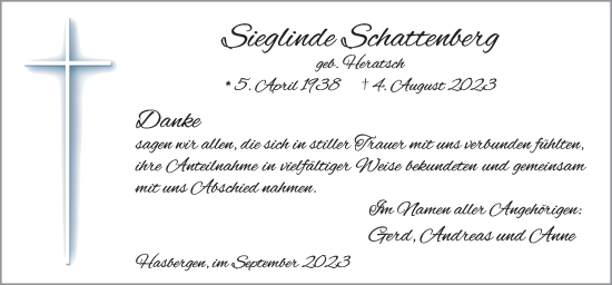 Traueranzeige von Sieglinde Schattenberg von Neue Osnabrücker Zeitung GmbH & Co. KG