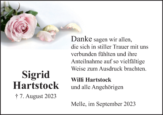 Traueranzeige von Sigrid Hartstock von Neue Osnabrücker Zeitung GmbH & Co. KG