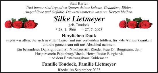 Traueranzeige von Silke Lietmeyer von Neue Osnabrücker Zeitung GmbH & Co. KG