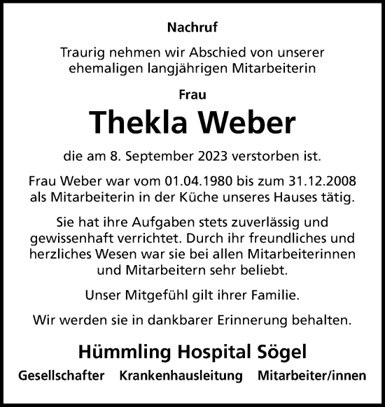 Traueranzeige von Thekla Weber von Neue Osnabrücker Zeitung GmbH & Co. KG