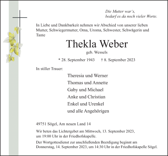 Traueranzeige von Thekla Weber von Neue Osnabrücker Zeitung GmbH & Co. KG