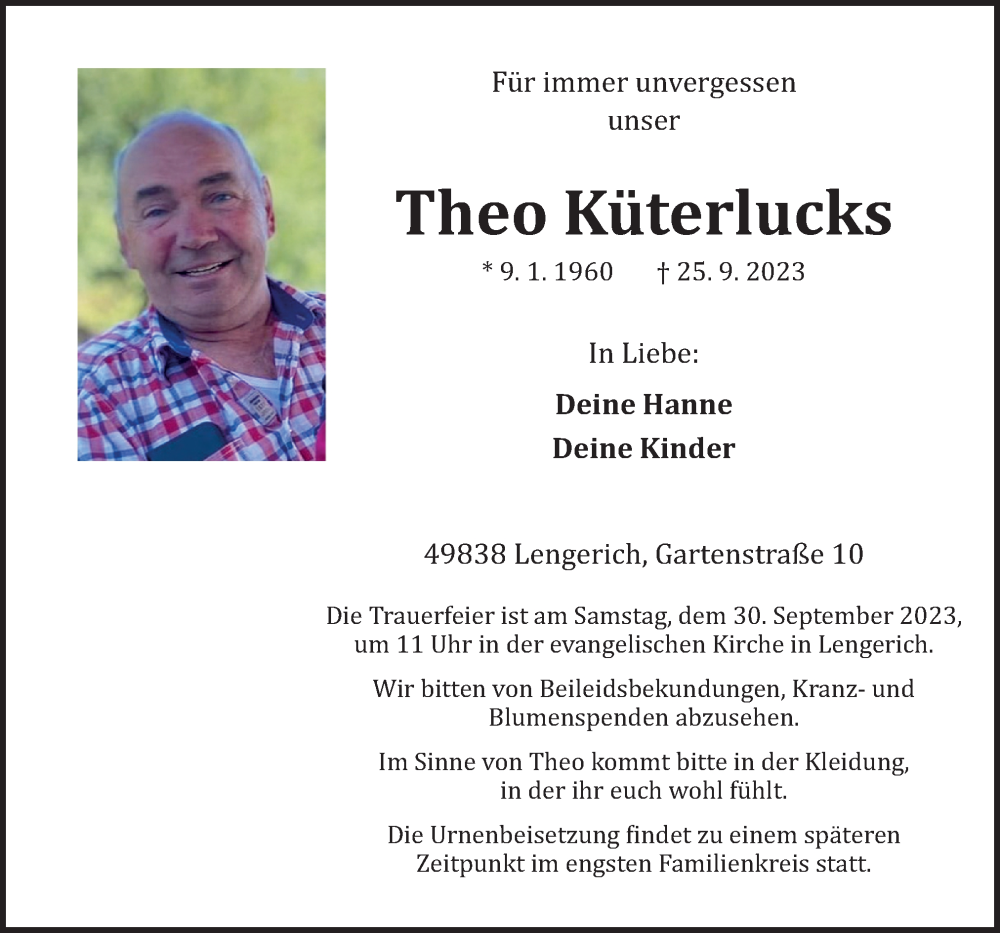  Traueranzeige für Theo Küterlucks vom 28.09.2023 aus Neue Osnabrücker Zeitung GmbH & Co. KG