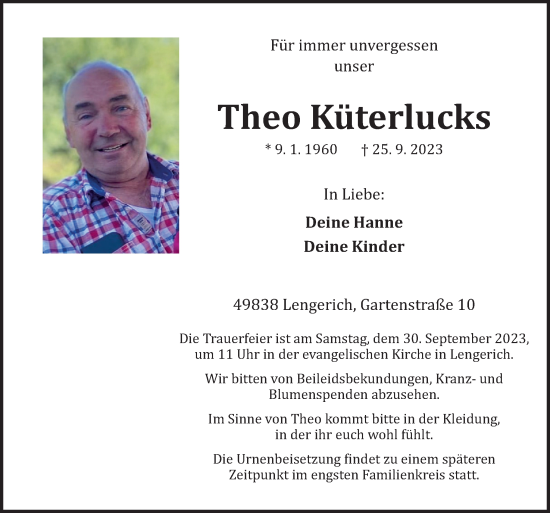 Traueranzeige von Theo Küterlucks von Neue Osnabrücker Zeitung GmbH & Co. KG