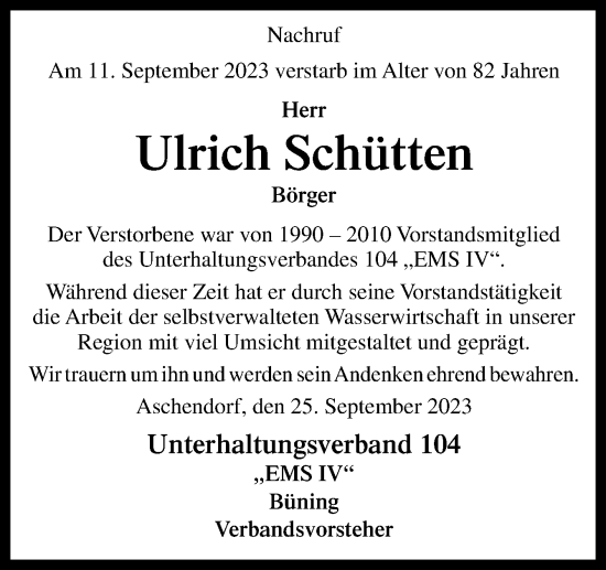 Traueranzeige von Ulrich Schütten von Neue Osnabrücker Zeitung GmbH & Co. KG