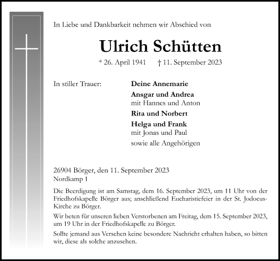 Traueranzeige von Ulrich Schütten von Neue Osnabrücker Zeitung GmbH & Co. KG