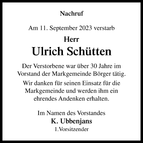 Traueranzeige von Ulrich Schütten von Neue Osnabrücker Zeitung GmbH & Co. KG