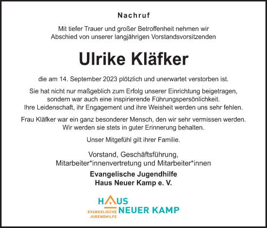 Traueranzeige von Ulrike Kläfker von Neue Osnabrücker Zeitung GmbH & Co. KG