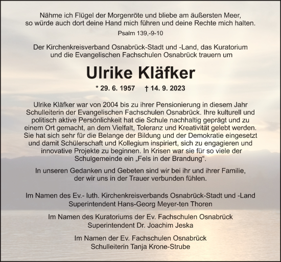 Traueranzeige von Ulrike Kläfker von Neue Osnabrücker Zeitung GmbH & Co. KG