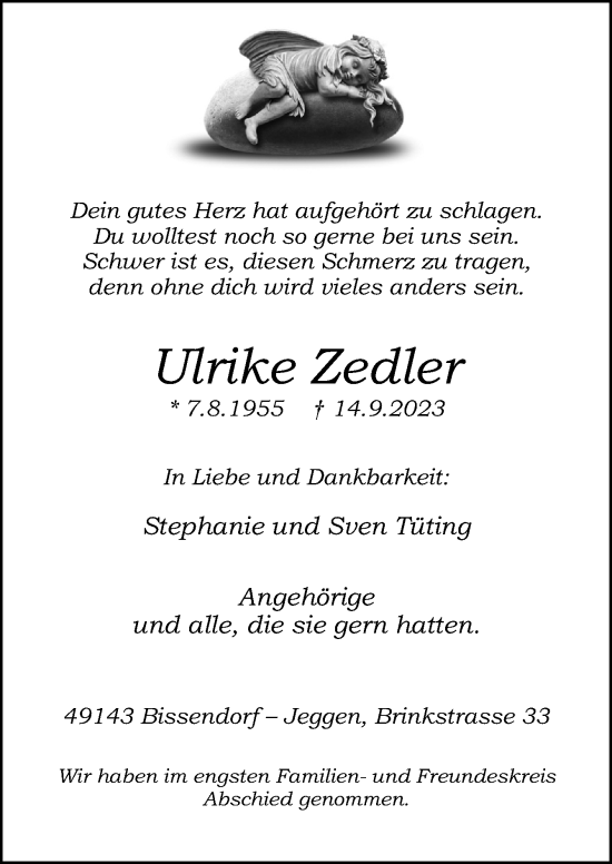 Traueranzeige von Ulrike Zeller von Neue Osnabrücker Zeitung GmbH & Co. KG