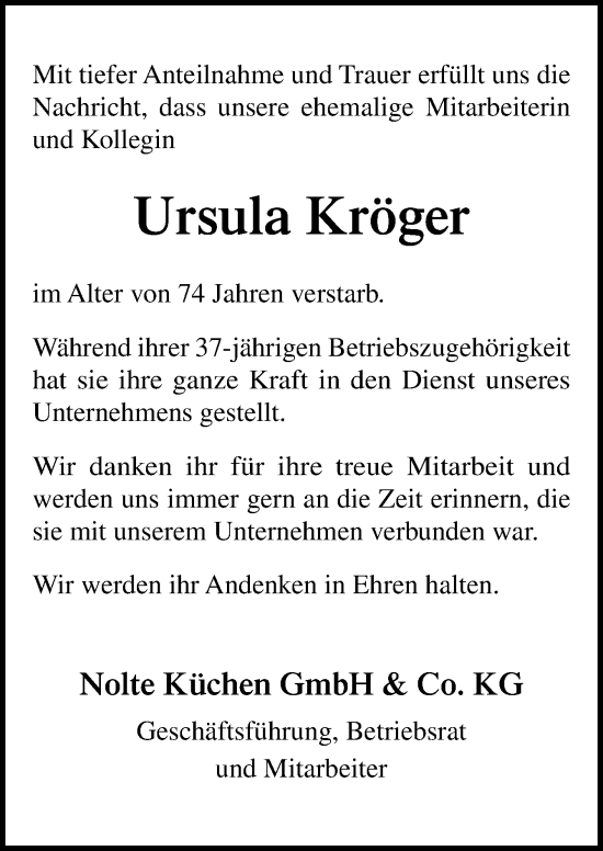 Traueranzeige von Ursula Kröger von Neue Osnabrücker Zeitung GmbH & Co. KG
