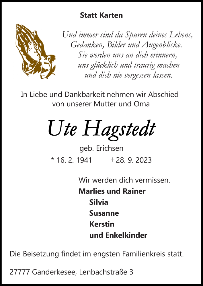  Traueranzeige für Ute Hagstedt vom 30.09.2023 aus DK Medien GmbH & Co. KG