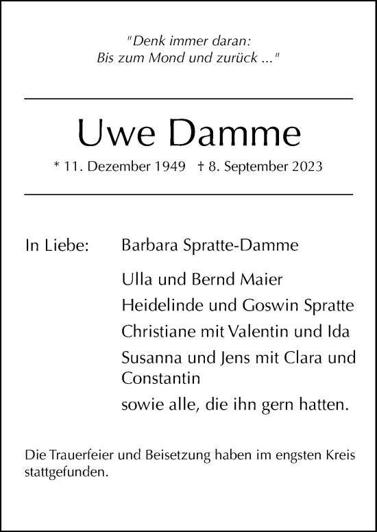 Traueranzeige von Uwe Damme von Neue Osnabrücker Zeitung GmbH & Co. KG
