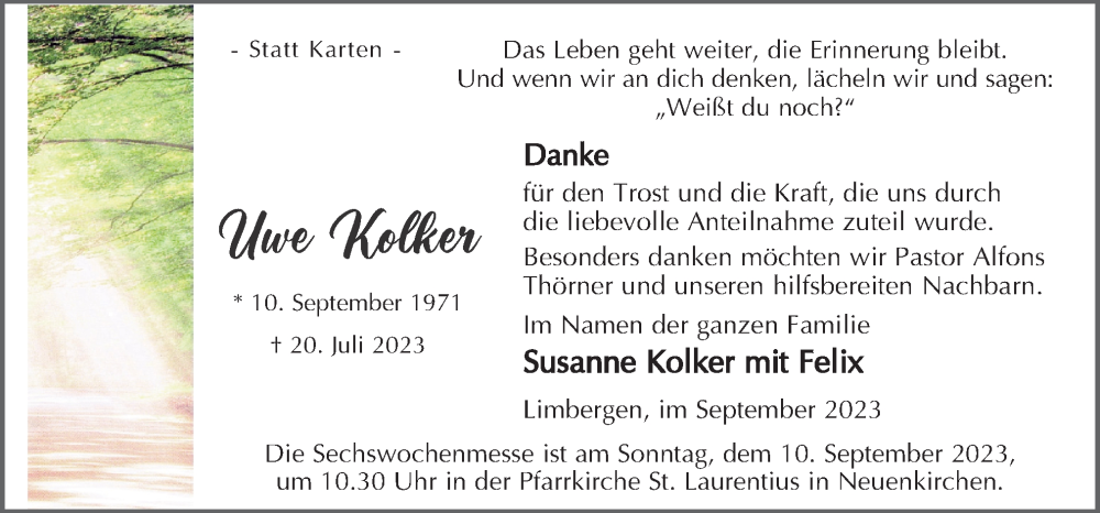  Traueranzeige für Uwe Kolker vom 06.09.2023 aus Neue Osnabrücker Zeitung GmbH & Co. KG