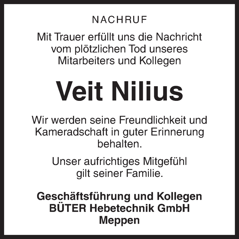  Traueranzeige für Veit Nilius vom 01.09.2023 aus Neue Osnabrücker Zeitung GmbH & Co. KG