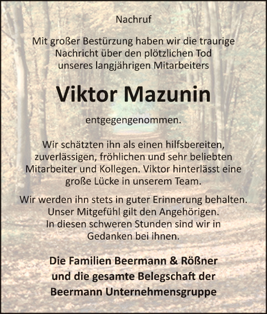 Traueranzeige von Viktor Mazunin von Neue Osnabrücker Zeitung GmbH & Co. KG
