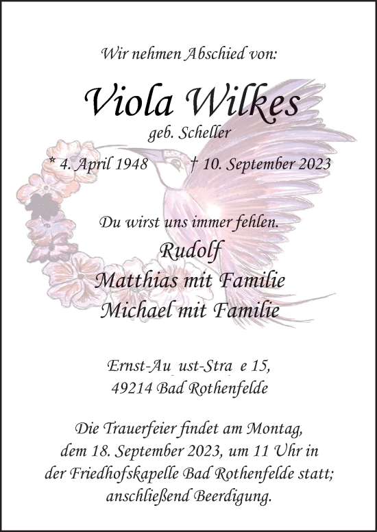 Traueranzeige von Viola Wilkes von Neue Osnabrücker Zeitung GmbH & Co. KG