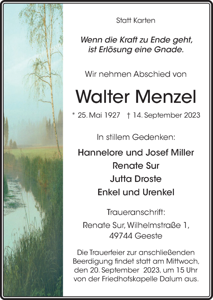  Traueranzeige für Walter Menzel vom 18.09.2023 aus Neue Osnabrücker Zeitung GmbH & Co. KG