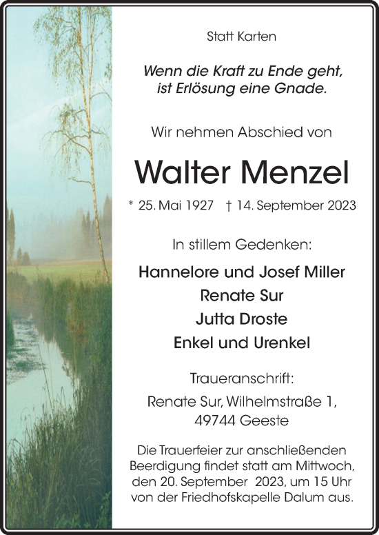 Traueranzeige von Walter Menzel von Neue Osnabrücker Zeitung GmbH & Co. KG