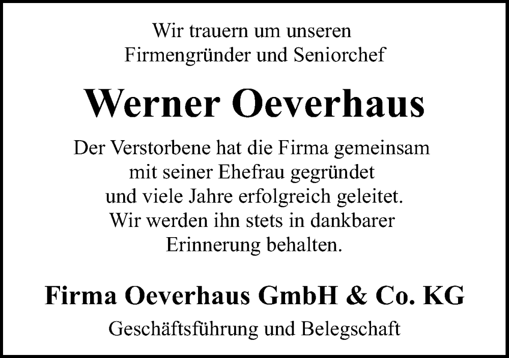 Traueranzeige für Werner Oeverhaus vom 13.09.2023 aus Neue Osnabrücker Zeitung GmbH & Co. KG