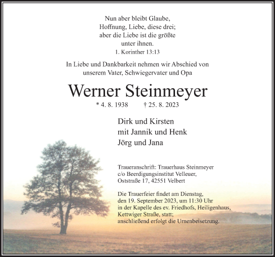 Traueranzeige von Werner Steinmeyer von Neue Osnabrücker Zeitung GmbH & Co. KG