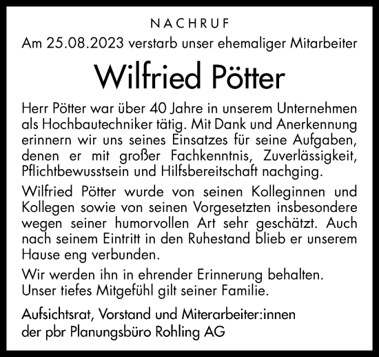 Traueranzeige von Wilfried Pötter von Neue Osnabrücker Zeitung GmbH & Co. KG