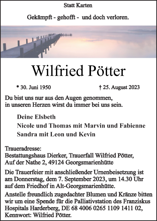 Traueranzeige von Wilfried Pötter von Neue Osnabrücker Zeitung GmbH & Co. KG