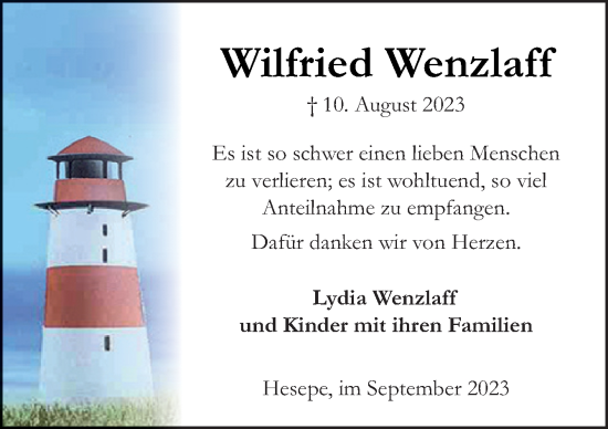 Traueranzeige von Wilfried Wenzlaff von Neue Osnabrücker Zeitung GmbH & Co. KG