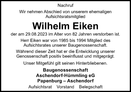 Traueranzeige von Wilhelm Eiken von Neue Osnabrücker Zeitung GmbH & Co. KG